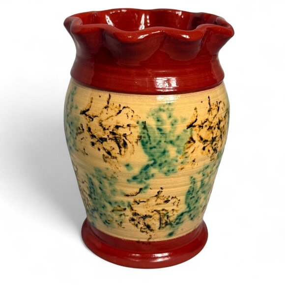 Jeff White Spongeware Pottery Vase Americana Redware 1984 - Picture 8 of 9